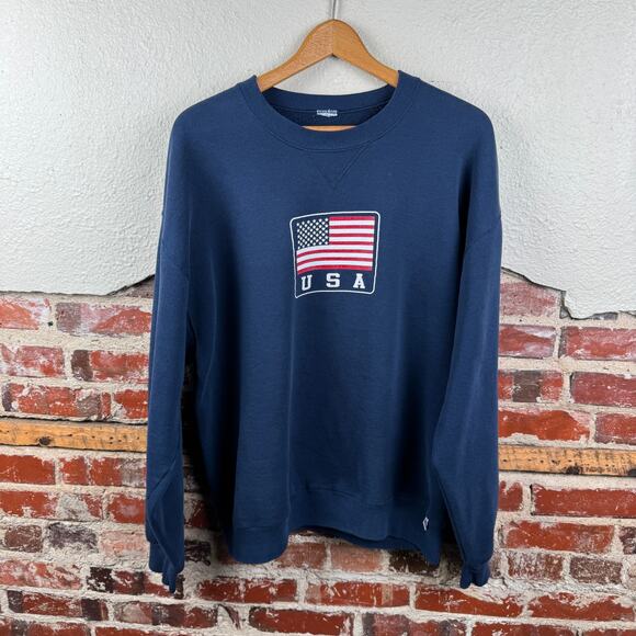 Vintage Russell Athletic Sweatshirt Size Large Blue American Flag Fourth of July - Picture 1 of 7